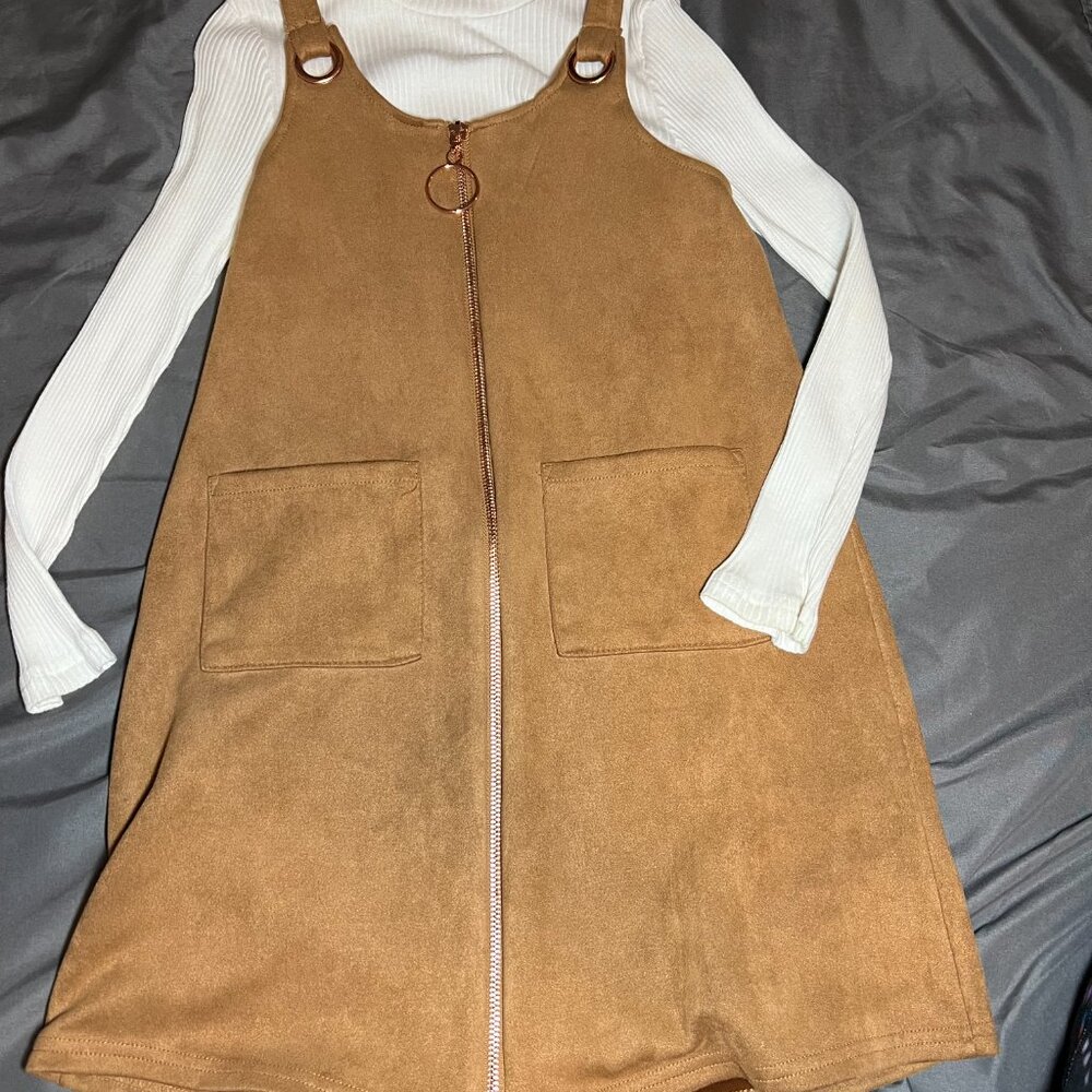 Girl’s brown faux suede pinafore dress